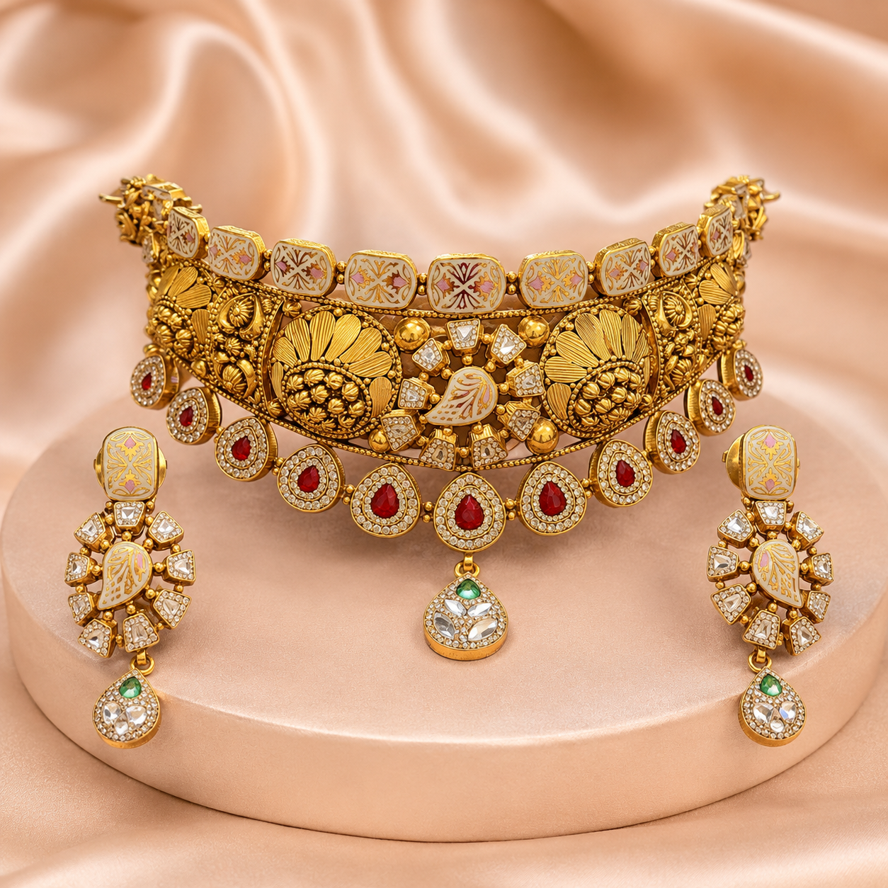 22Kt Gold Antique Bridal Choker Necklace Set with Kundan, Ruby & Polki