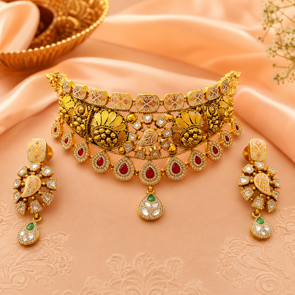 22Kt Gold Antique Bridal Choker Necklace Set with Kundan, Ruby & Polki