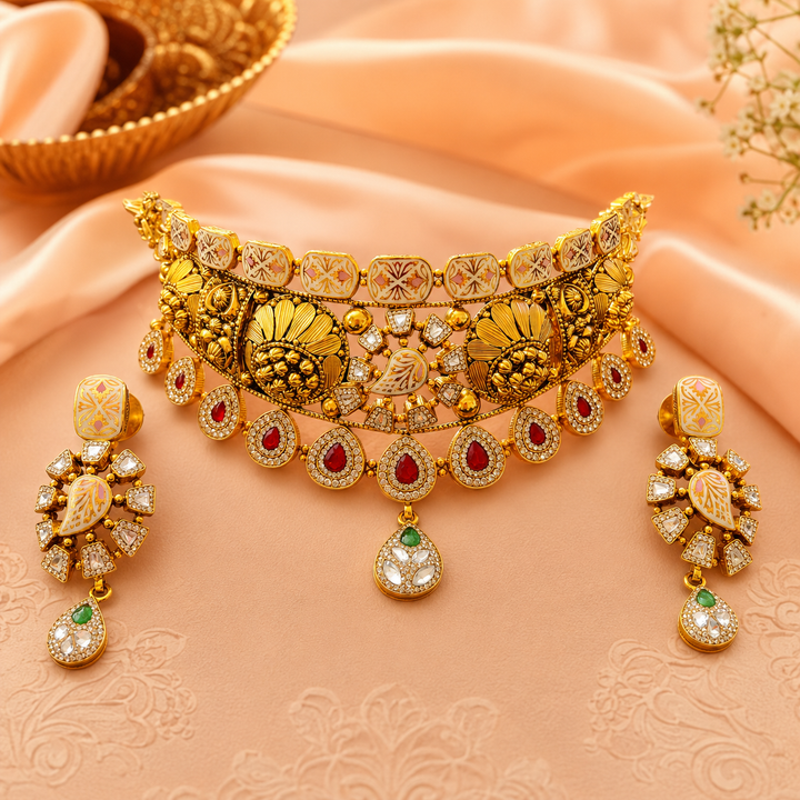 22Kt Gold Antique Bridal Choker Necklace Set with Kundan, Ruby & Polki