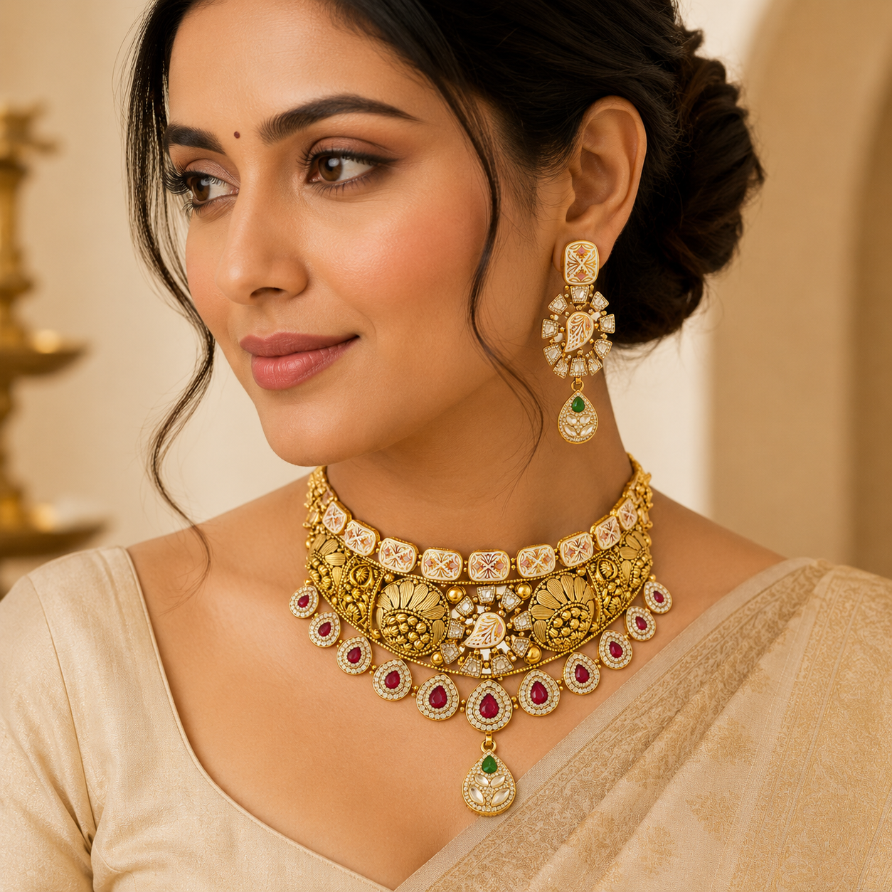 22Kt Gold Antique Bridal Choker Necklace Set with Kundan, Ruby & Polki