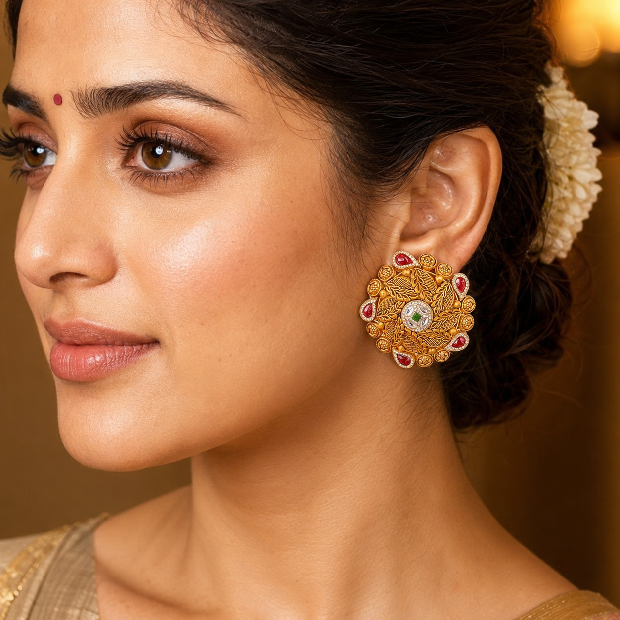 22Kt Gold Antique Leaf Cluster Tops with Ruby Teardrops, Polki & Green CZ Center