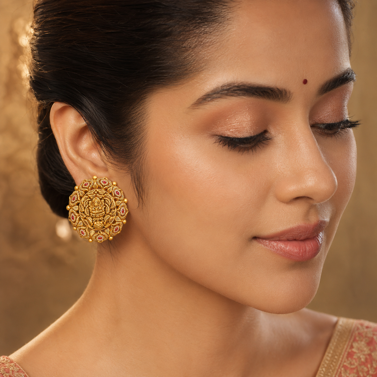 22Kt Gold Antique Lakshmi Lotus Floral Tops with Ruby Cabochons & CZ Pave