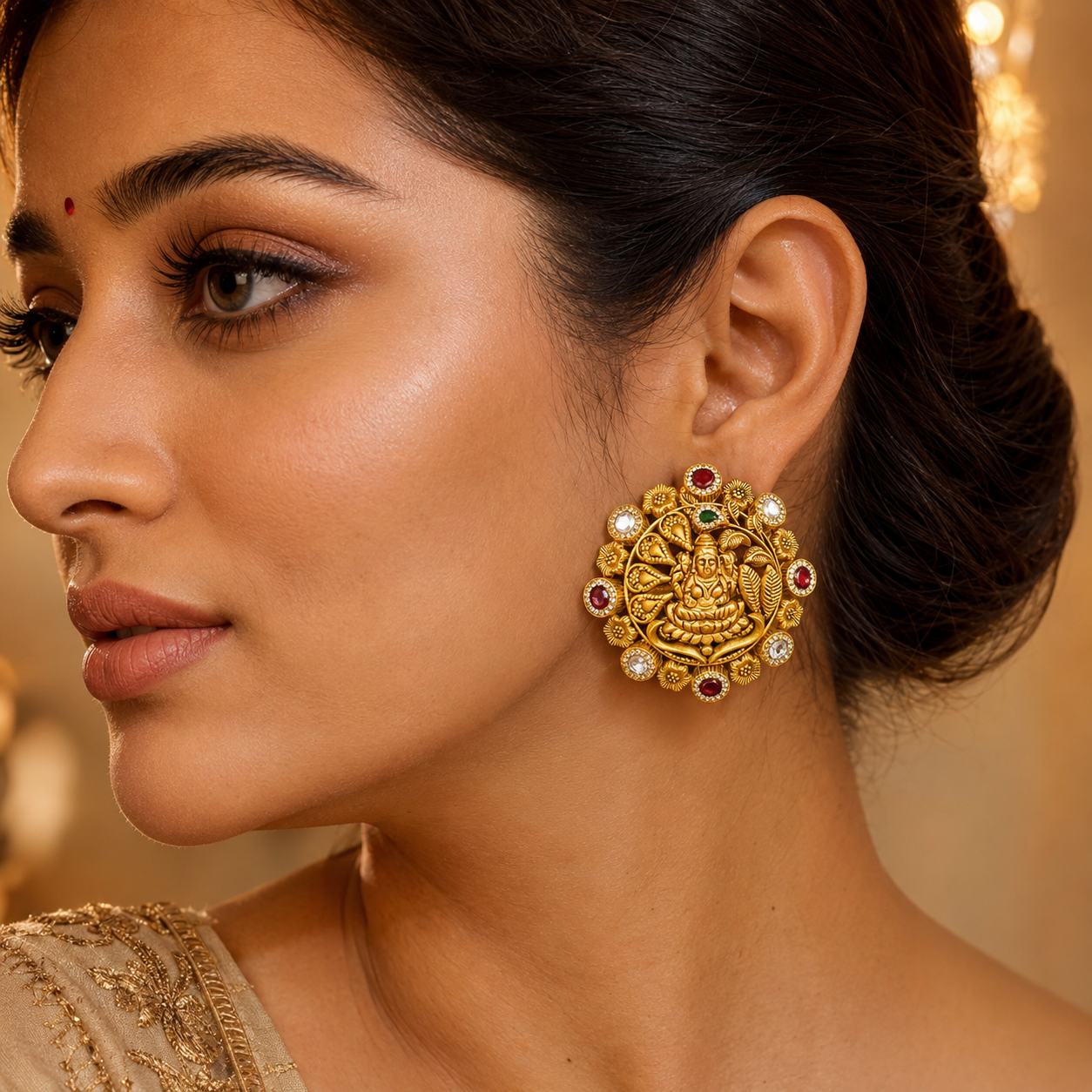 22Kt Gold Antique Lakshmi Navaratan Temple Tops with Ruby, Emerald & Polki Border
