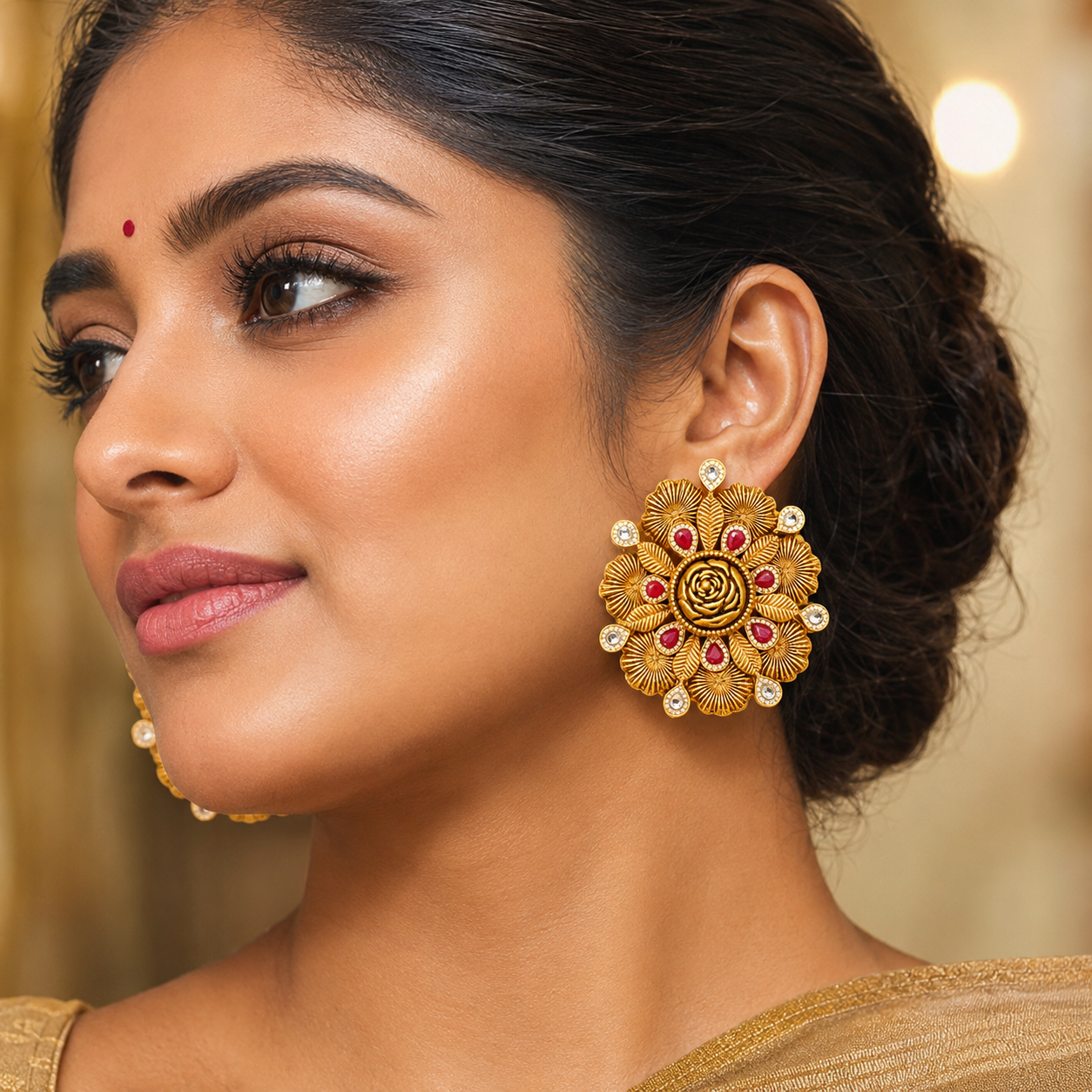 22Kt Gold Antique Rose Lotus Leaf Tops with Ruby Teardrops & Polki Diamond Drops