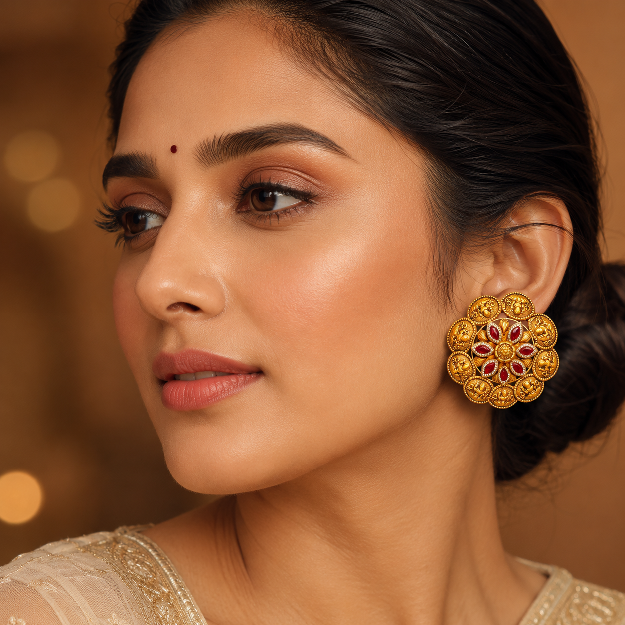 22Kt Gold Antique Coin Cluster Floral Tops with Ruby Marquise & Lakshmi Coin Border