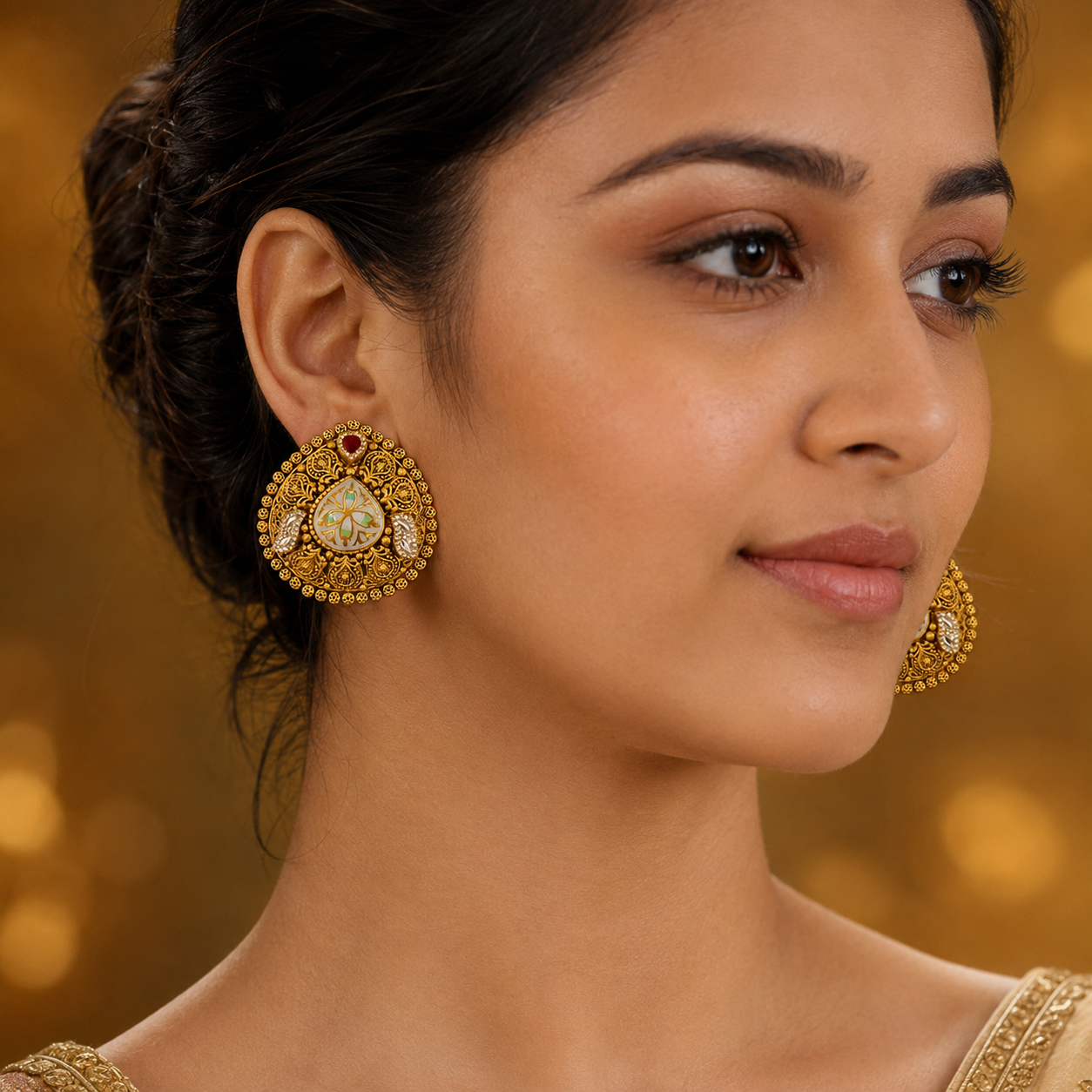 22Kt Gold Antique Meenakari Paisley Tops with White Enamel, Ruby Heart & Polki