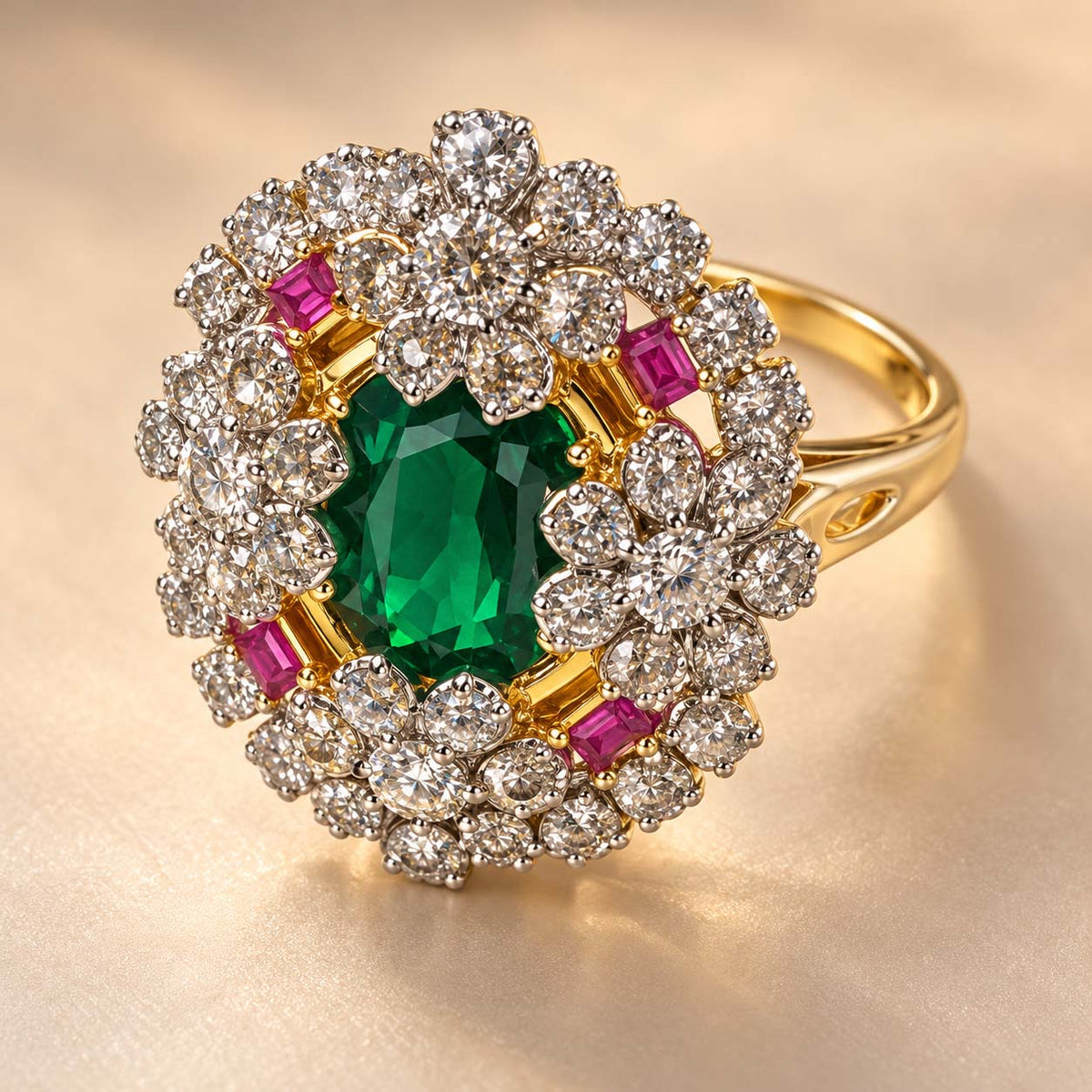 Emerald Spark Ruby Diamond Statement Ring