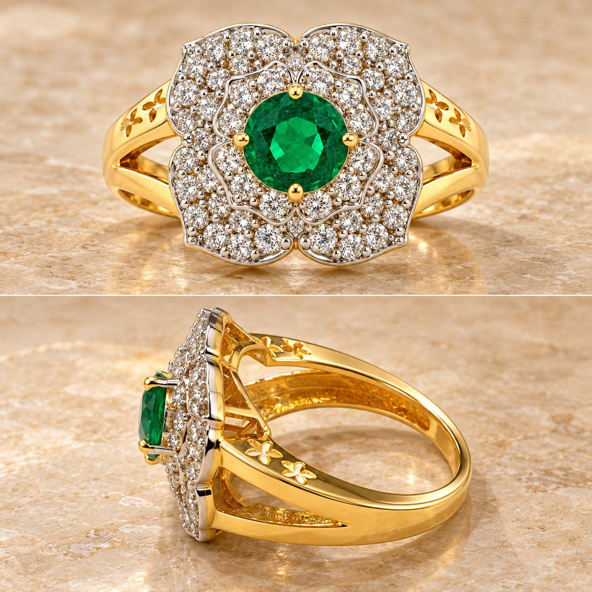 Luxury Emerald Surrounded Diamond Cocktail Ring