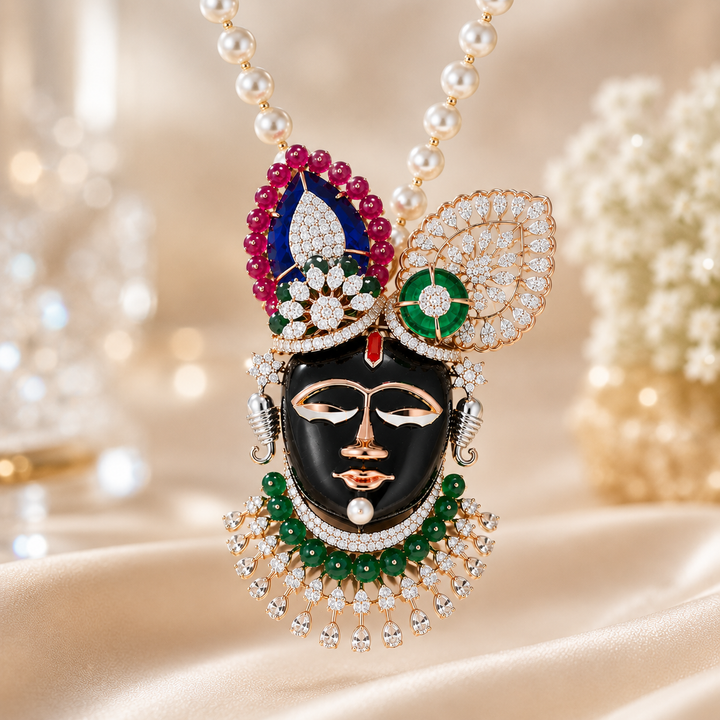 Lord Dwarkadish Diamond Pendant with Pearl Mala in 14Kt Rose Gold | Savya Jewels