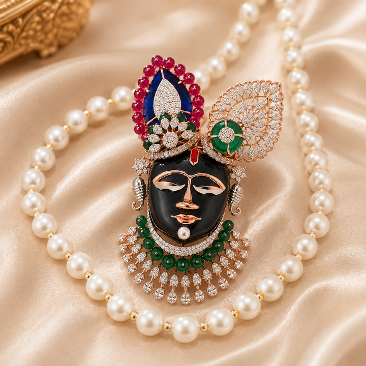 Lord Dwarkadish Diamond Pendant with Pearl Mala in 14Kt Rose Gold | Savya Jewels