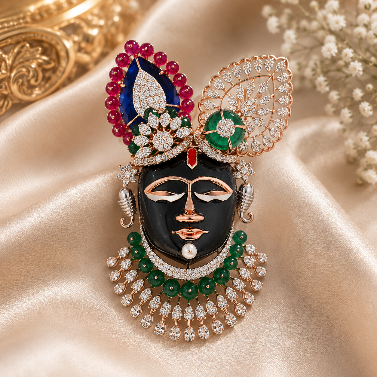 Lord Dwarkadish Diamond Pendant with Pearl Mala in 14Kt Rose Gold | Savya Jewels