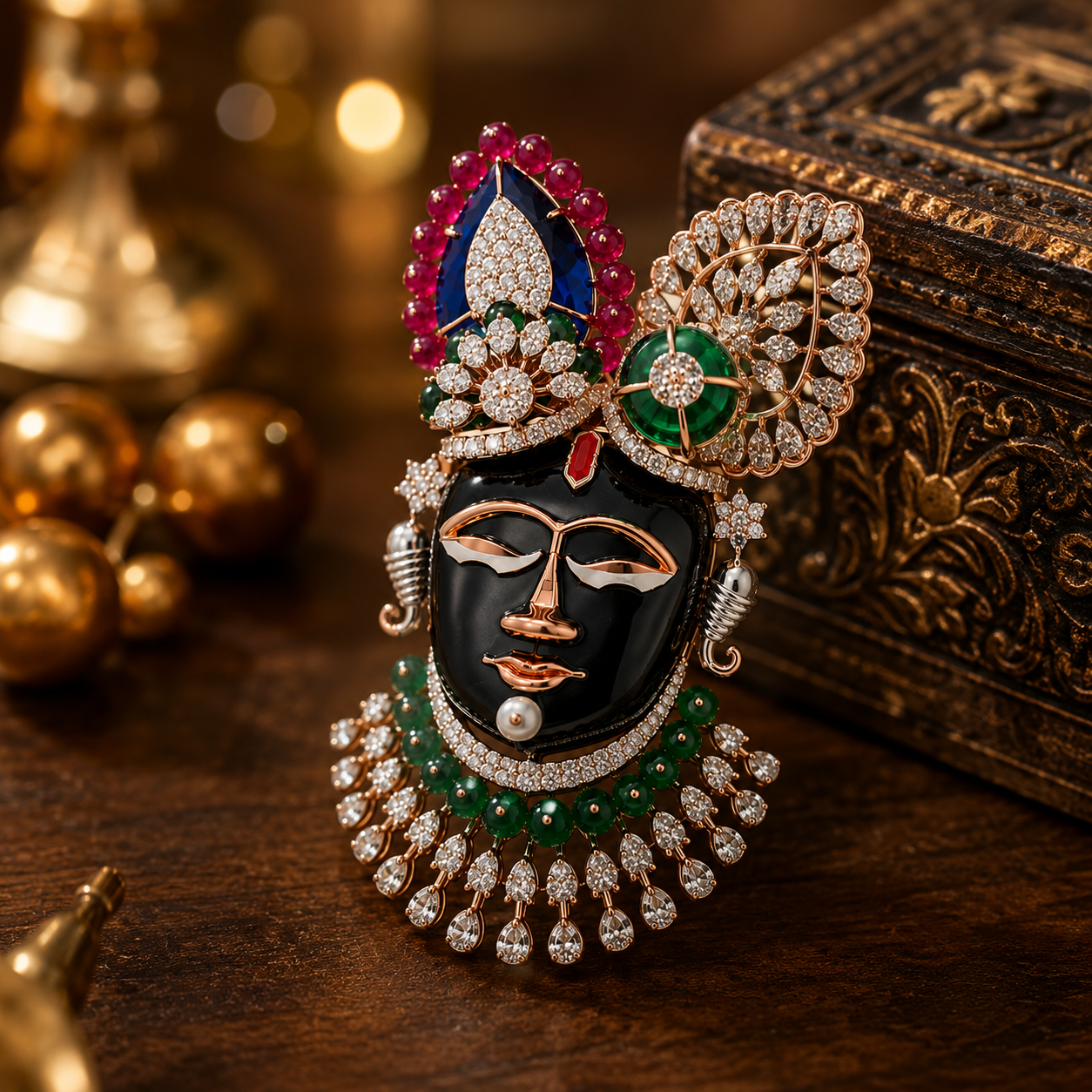 Lord Dwarkadish Diamond Pendant with Pearl Mala in 14Kt Rose Gold | Savya Jewels