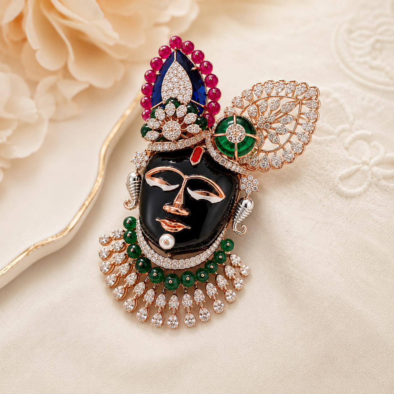 Lord Dwarkadish Diamond Pendant with Pearl Mala in 14Kt Rose Gold | Savya Jewels