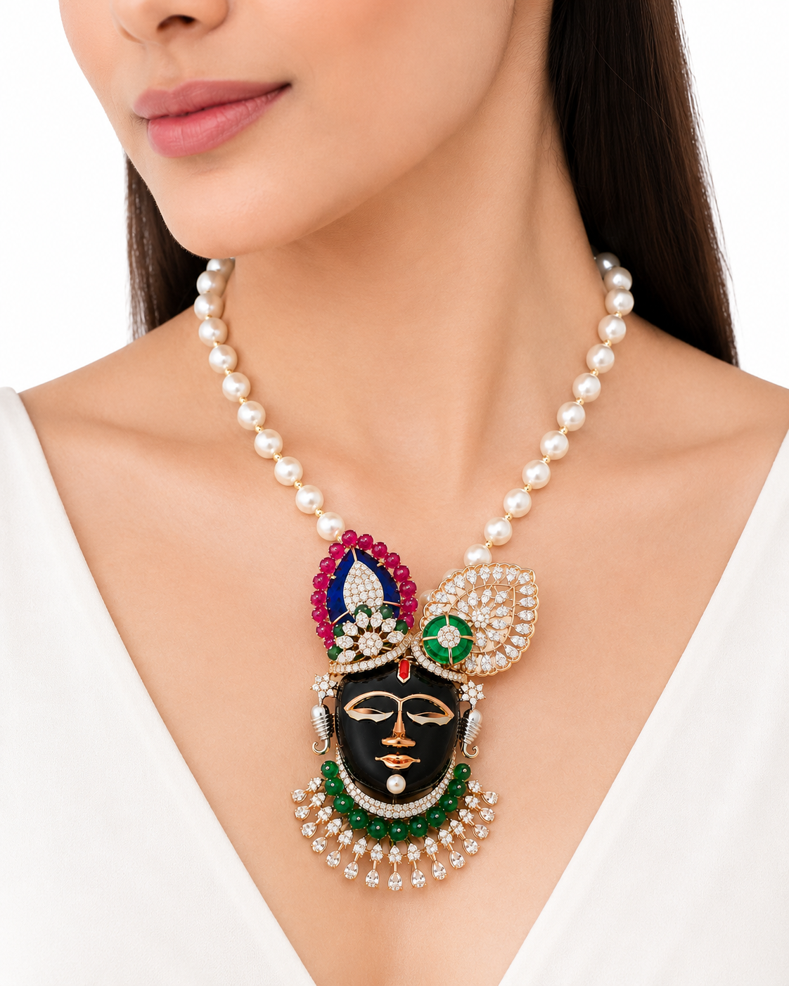 Lord Dwarkadish Diamond Pendant with Pearl Mala in 14Kt Rose Gold | Savya Jewels