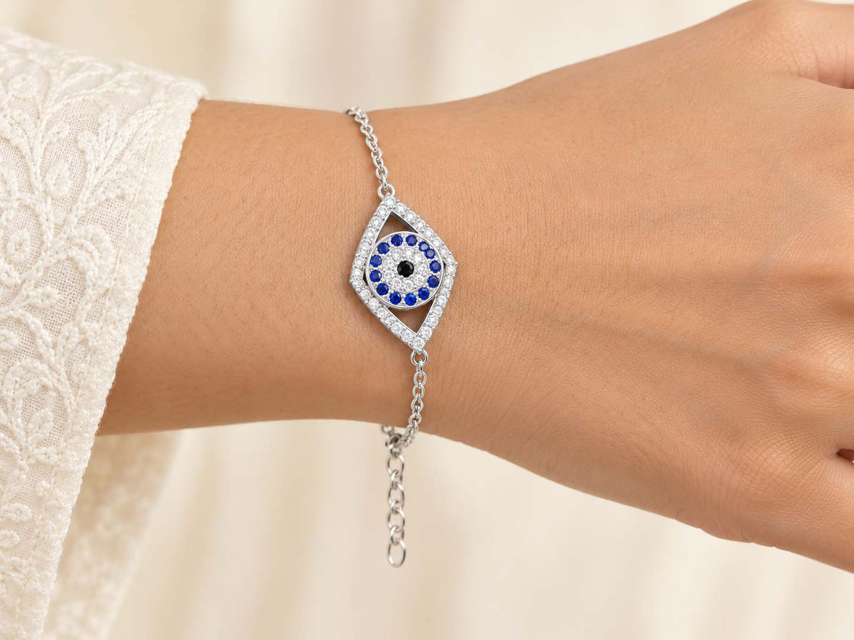 Blue Evil Eye Silver Chain Bracelet for Girls | Savya Jewels
