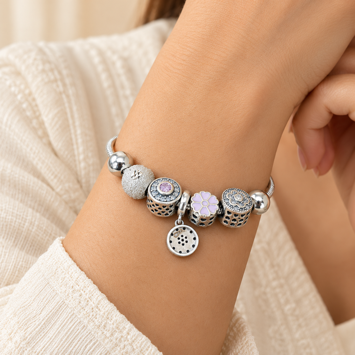 Lavender Floral Silver Charm Bracelet for Women | Savya Jewels