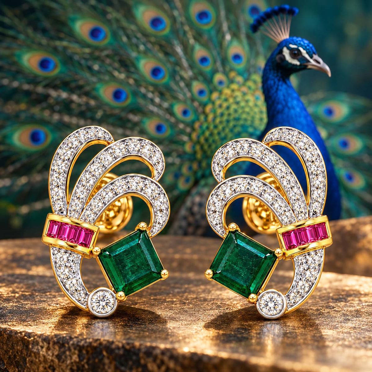 18K Gold Purple Stone and Emerald Diamond Wreath Earrings