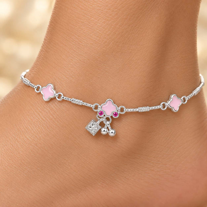 Blush Pink Clover 925 Sterling Silver Payal Anklet