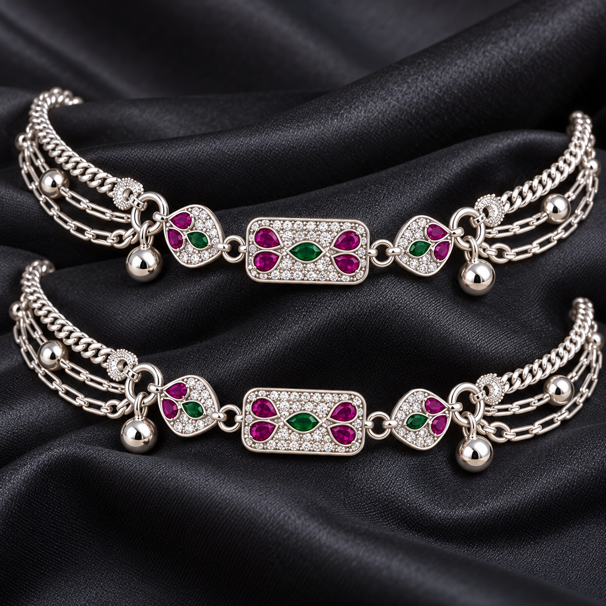 Magenta & Green Layered Chain 925 Sterling Silver Payal