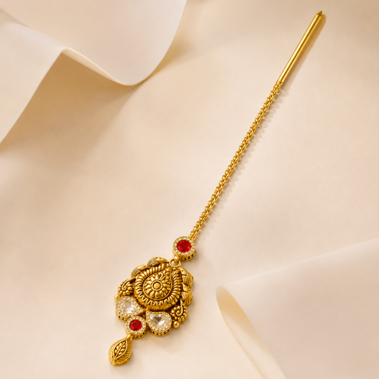 22Kt Antique Gold Maang Tikka | Ruby & Polki | Savya Jewels