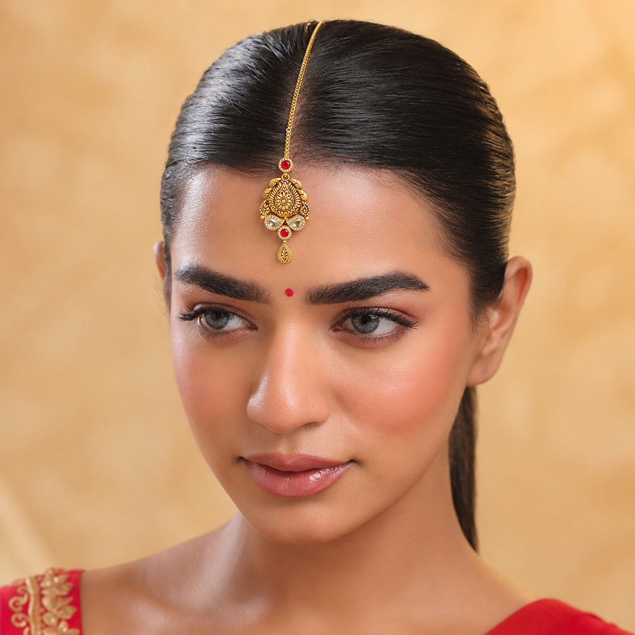 22Kt Antique Gold Maang Tikka | Ruby & Polki | Savya Jewels