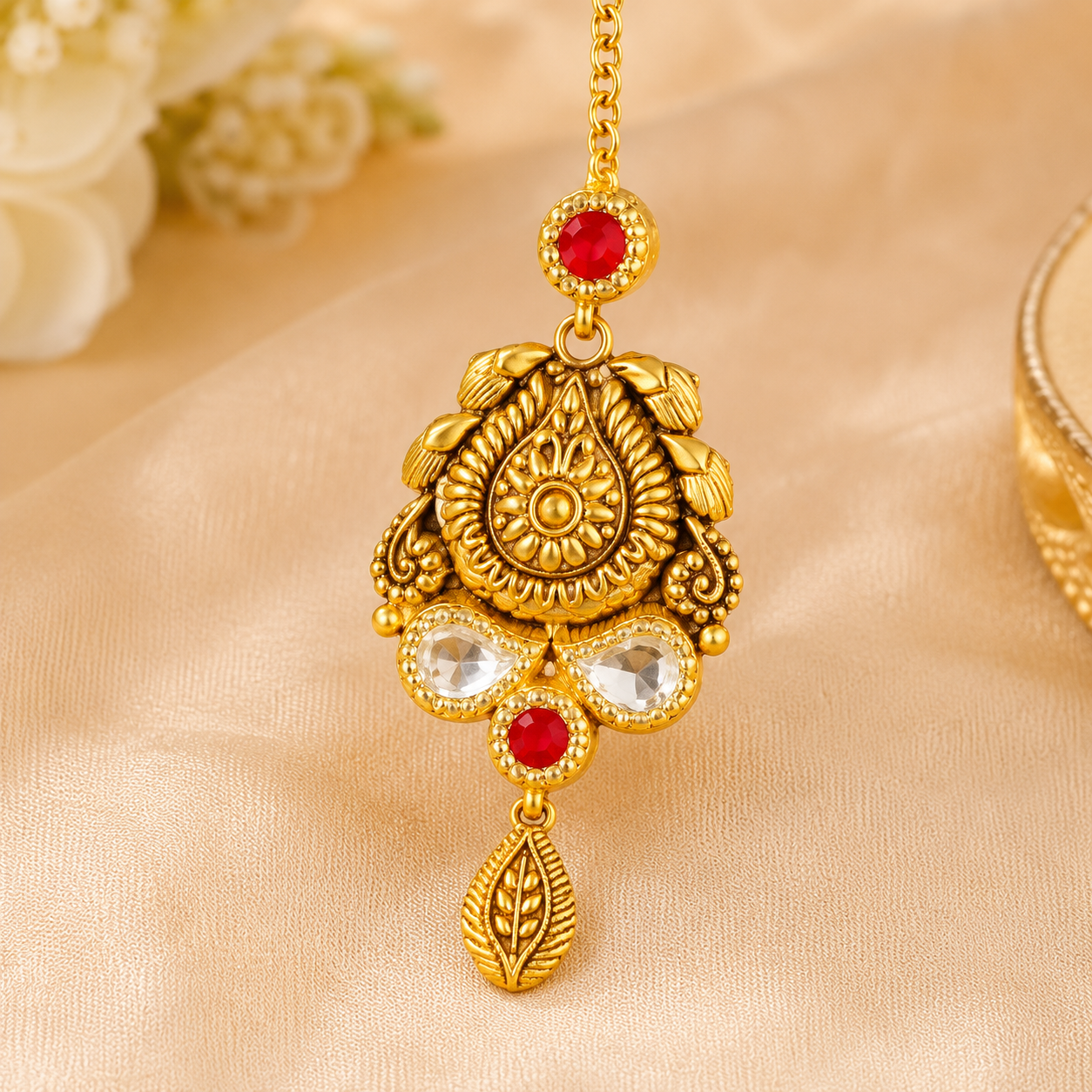 22Kt Antique Gold Maang Tikka | Ruby & Polki | Savya Jewels