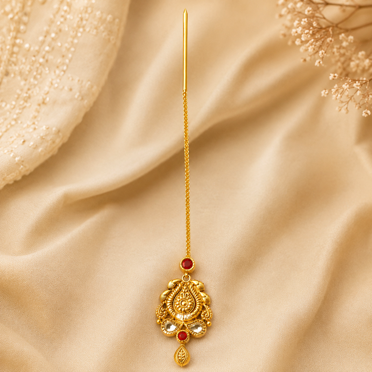 22Kt Antique Gold Maang Tikka | Ruby & Polki | Savya Jewels