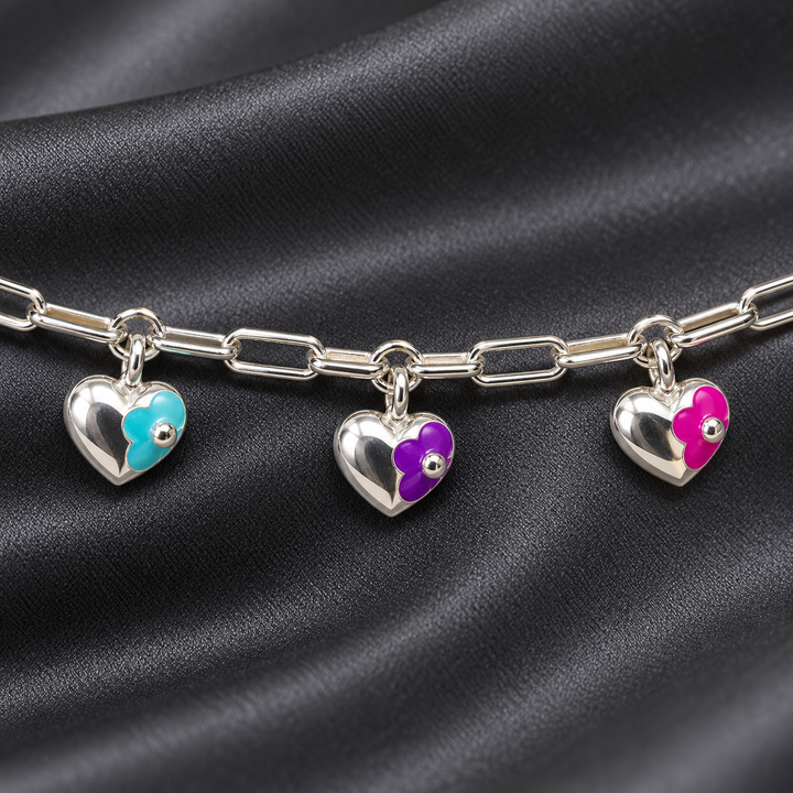 Heart Flower Silver Link Bracelet for Women | Savya Jewels