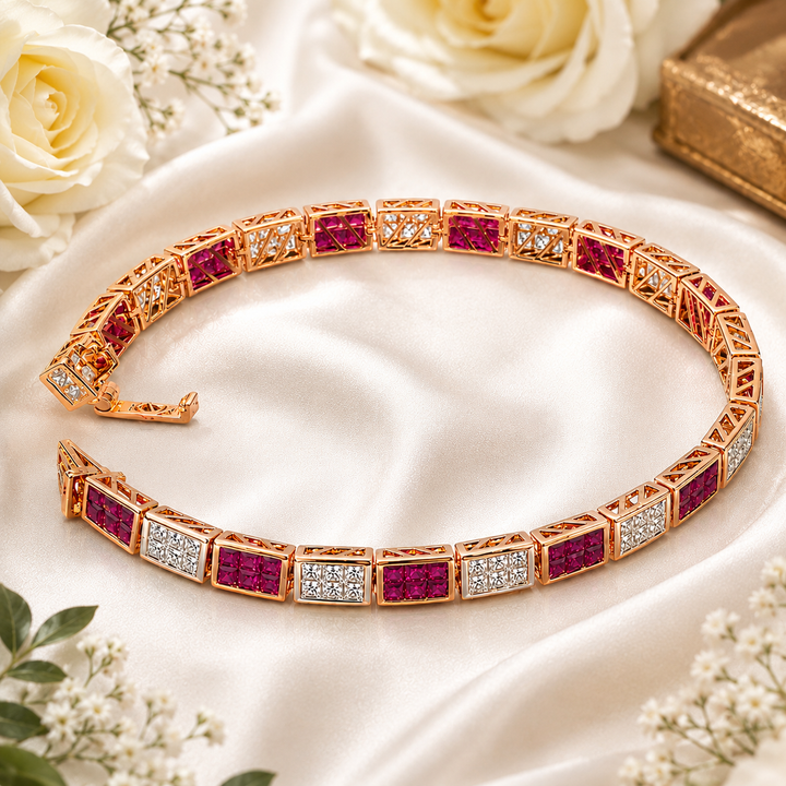 Princess Cut Diamond & Ruby Bracelet | IGI Certified | Savya Jewels