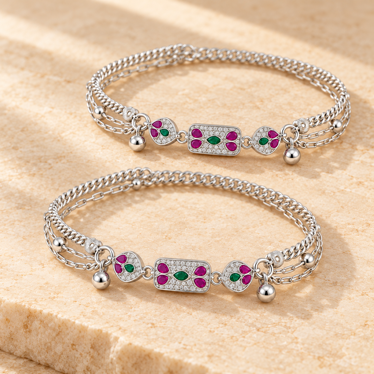 Magenta & Green Layered Chain 925 Sterling Silver Payal