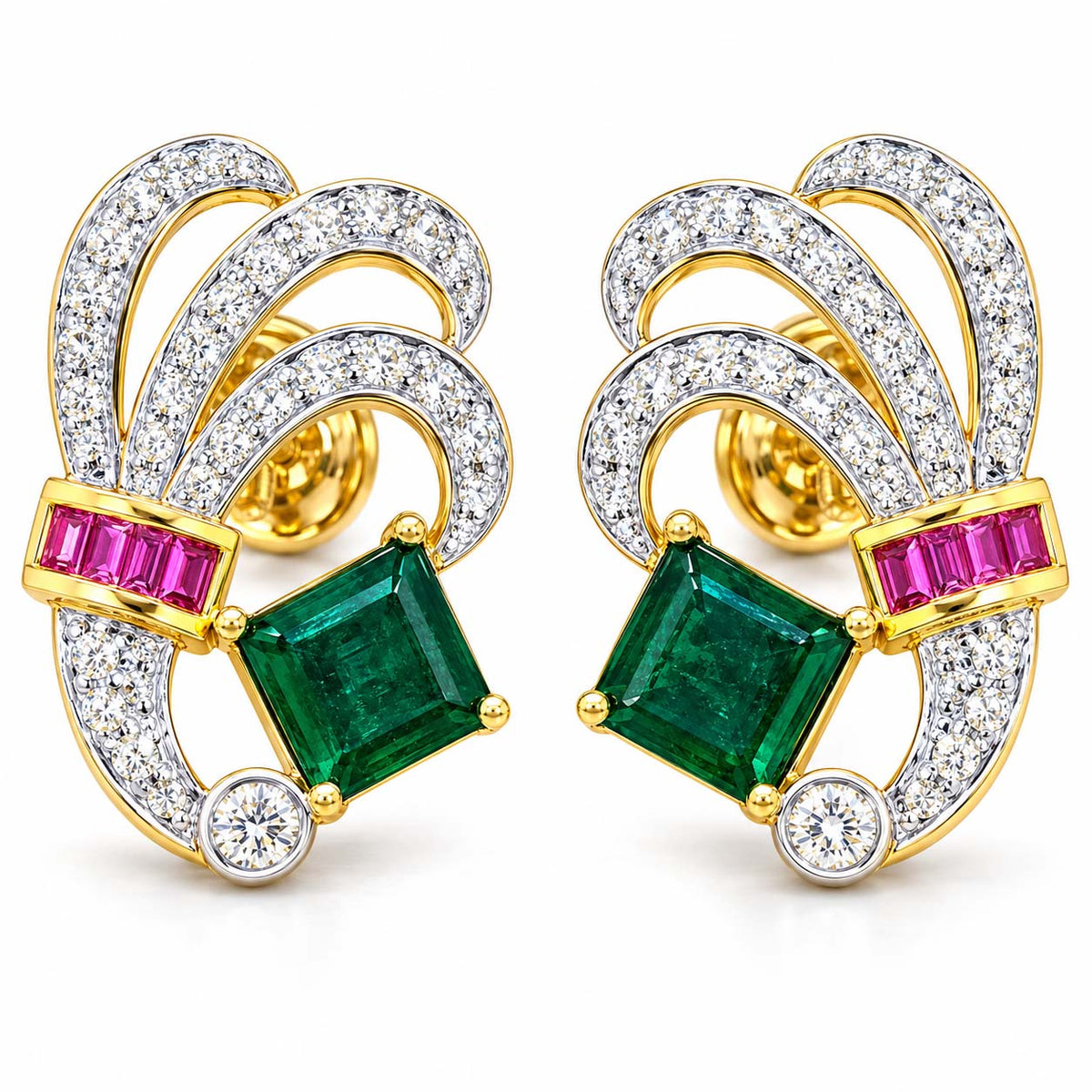 18K Gold Purple Stone and Emerald Diamond Wreath Earrings