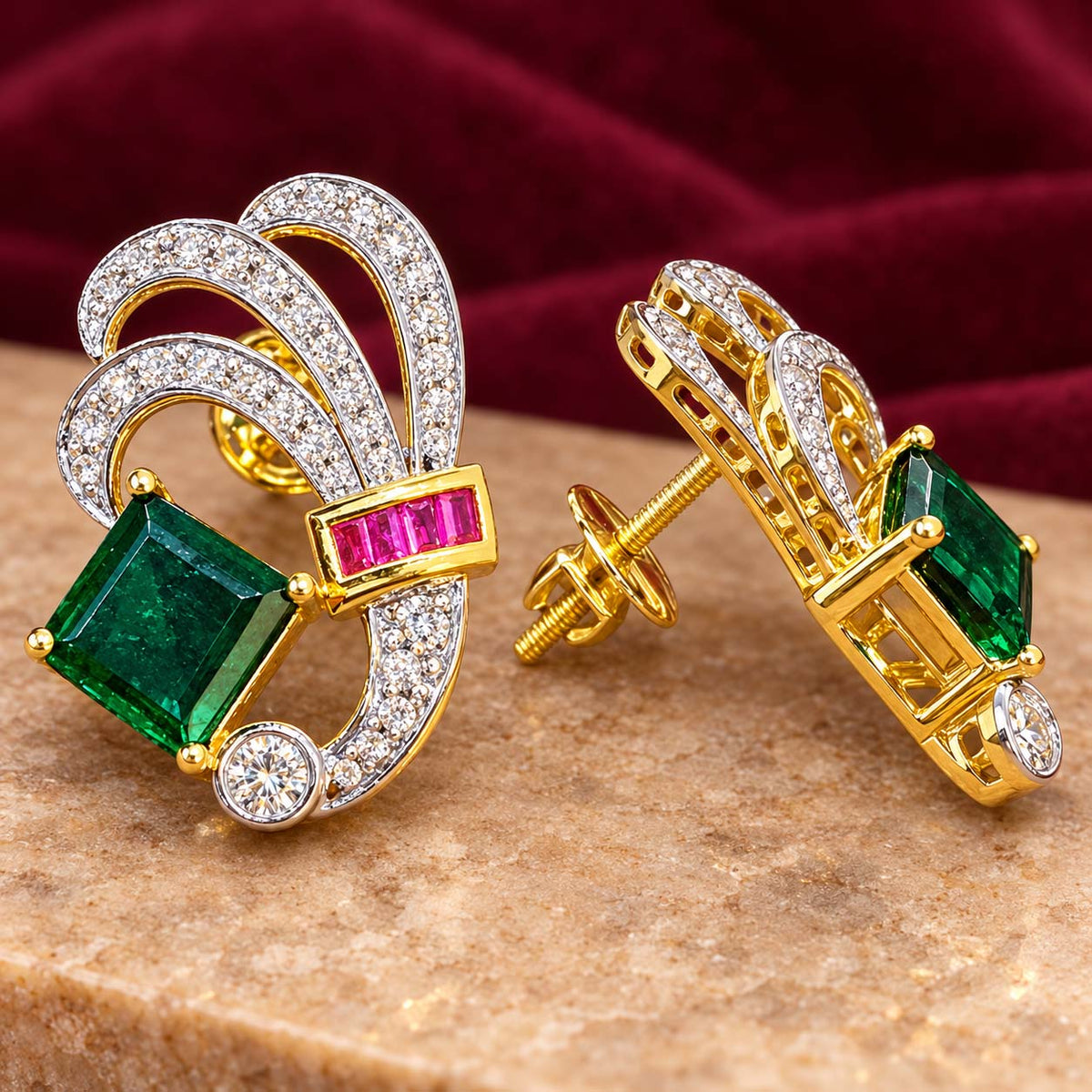 18K Gold Purple Stone and Emerald Diamond Wreath Earrings