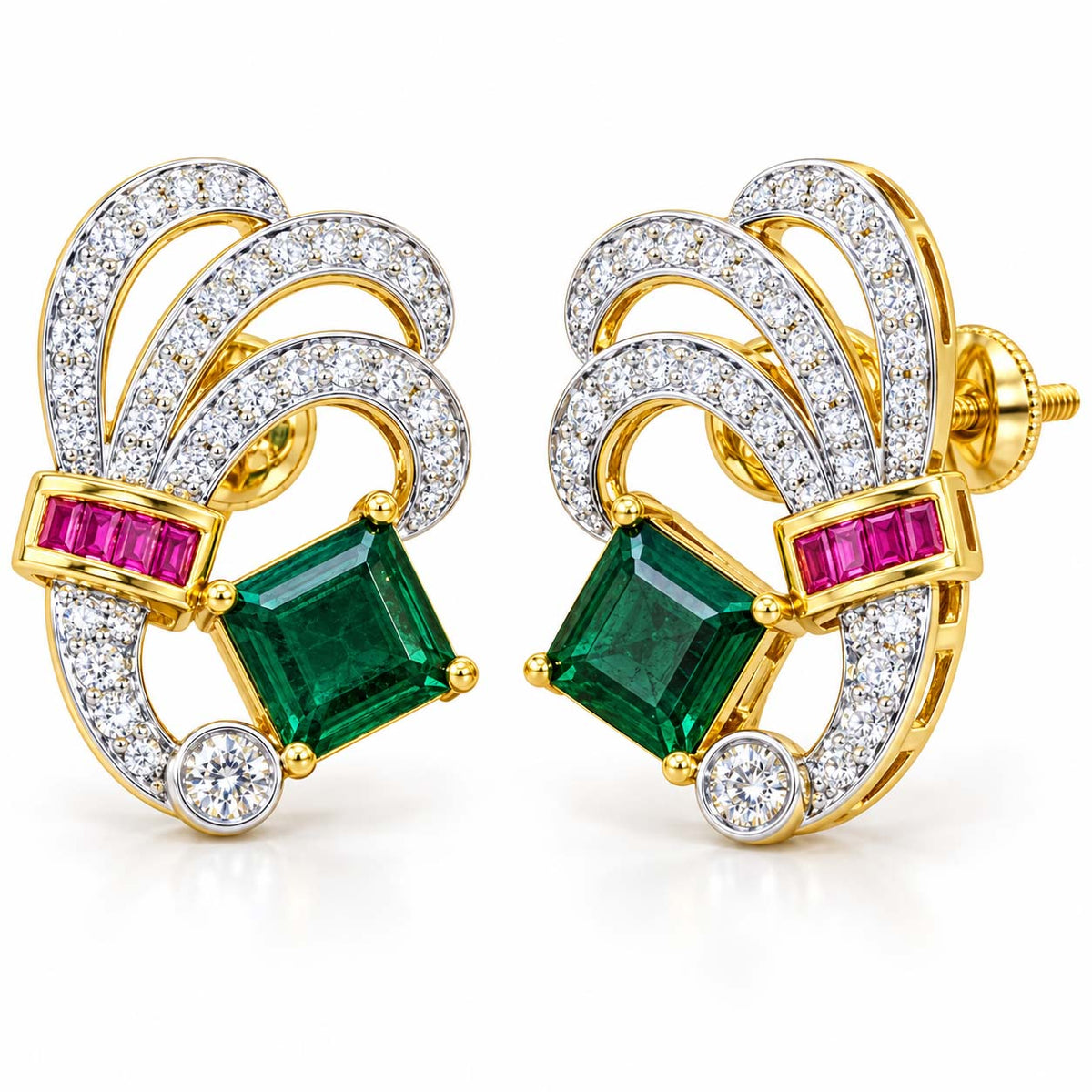 18K Gold Purple Stone and Emerald Diamond Wreath Earrings