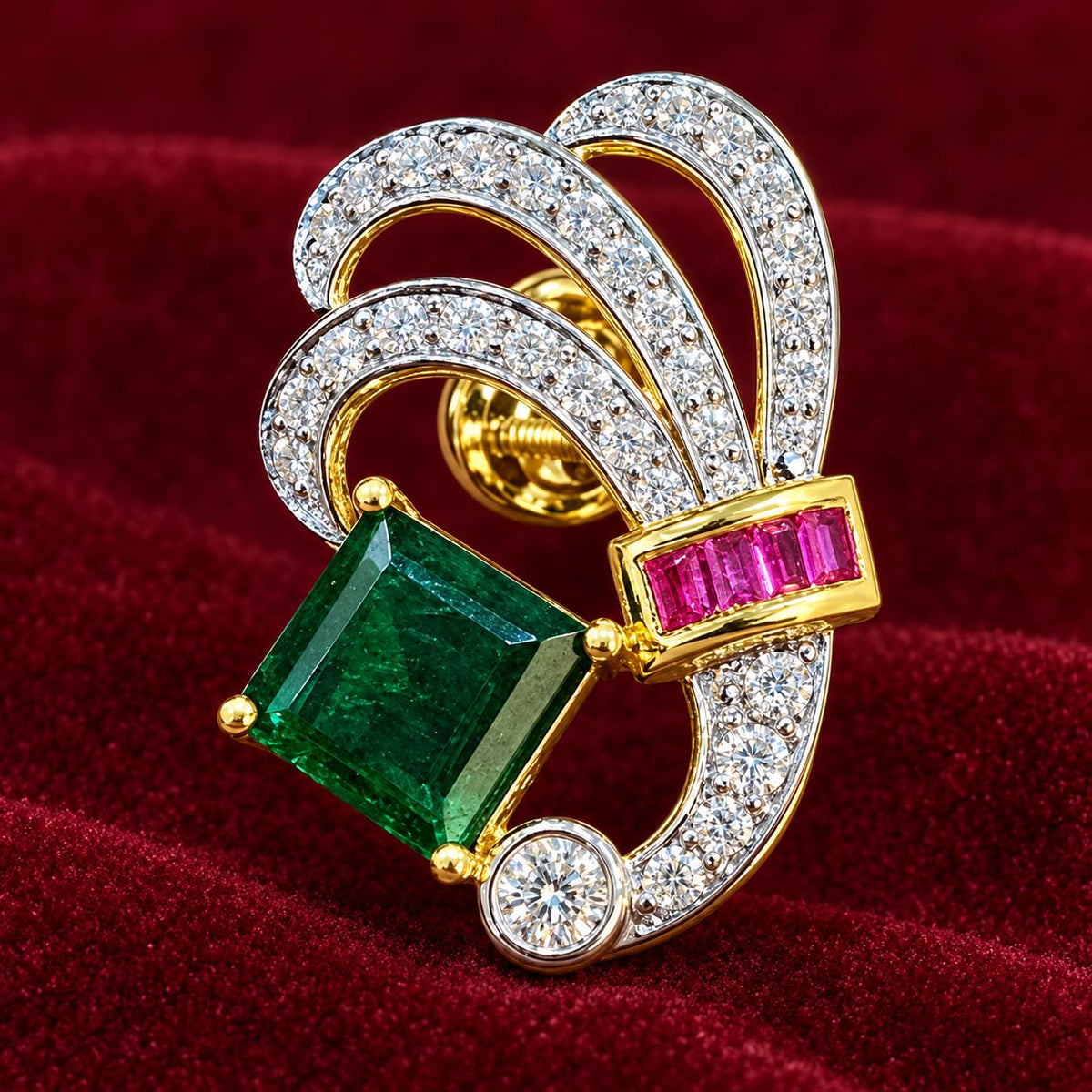 18K Gold Purple Stone and Emerald Diamond Wreath Earrings