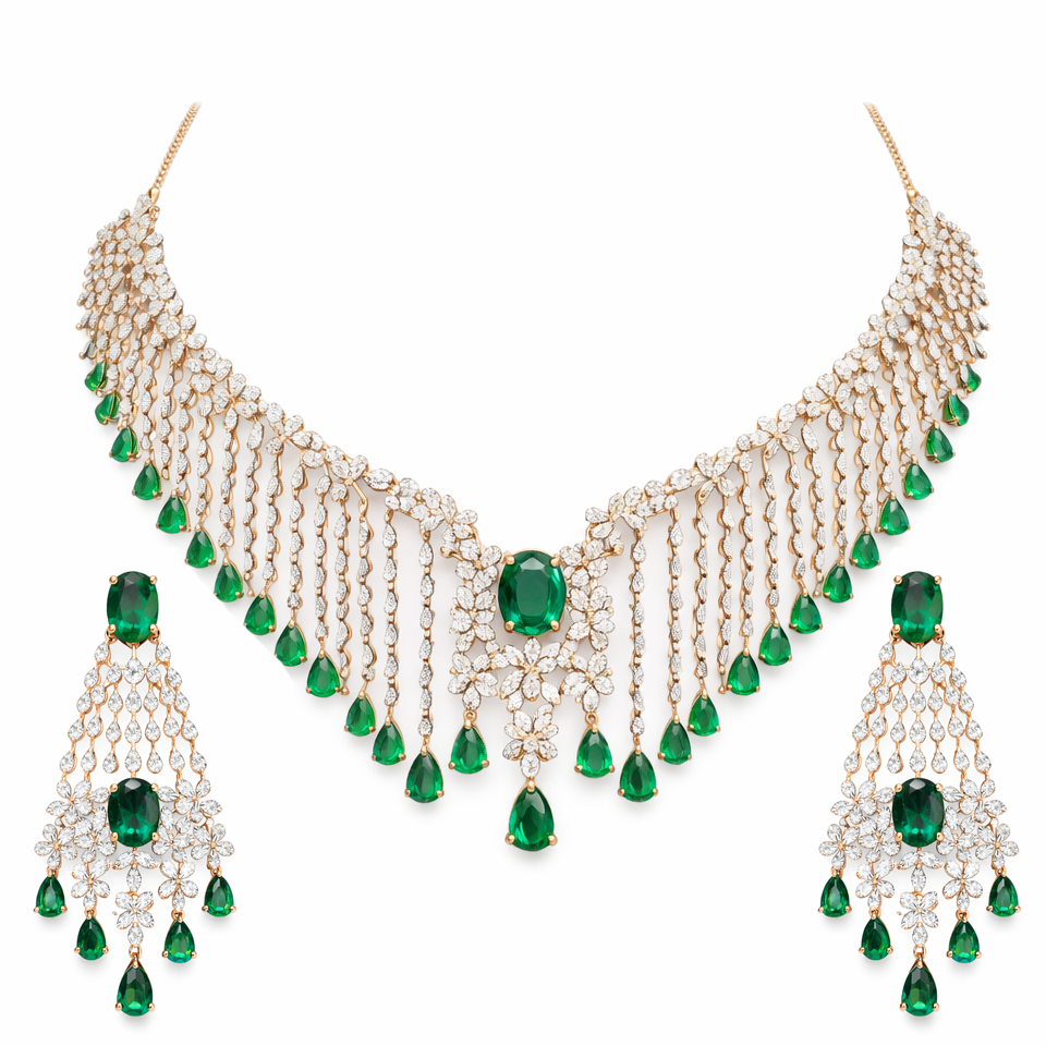 Heritage Emerald Diamond Tassel Necklace Set | Savya Jewels | 14-kt-gold | emerald