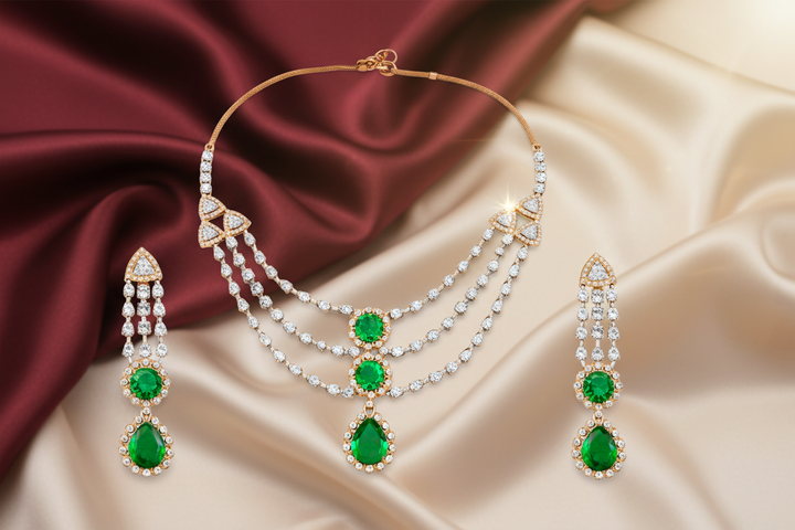 Bridal Emerald Diamond Necklace Set in Gold