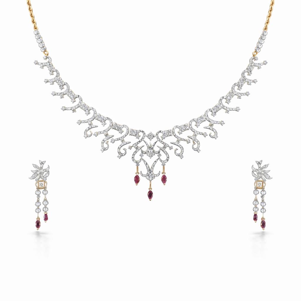 Luxury Ruby Diamond Bridal Necklace Set | Savya Jewels | 14-kt-gold | ruby