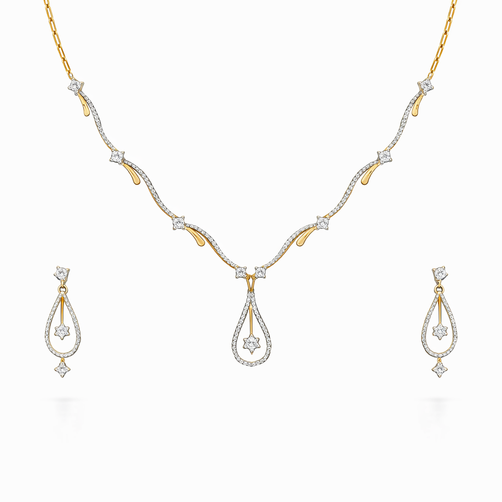 Minimalist Diamond Drop Necklace & Earring Set | Savya Jewels | 14-kt-gold