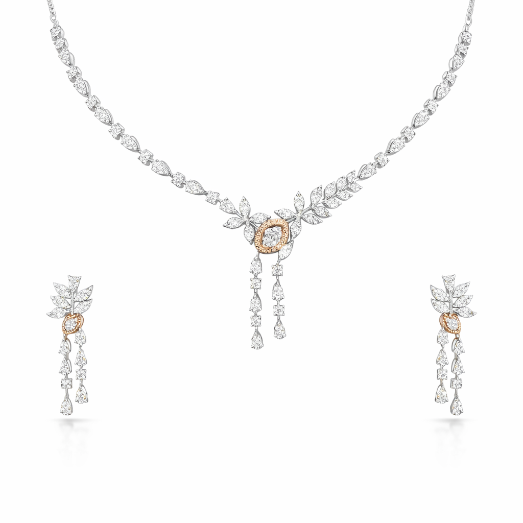Elegant Diamond Leaf Dangler Necklace Set | Savya Jewels | 14-kt-gold