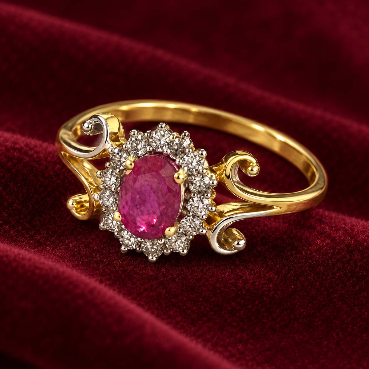 18K Gold Oval Ruby Diamond Halo Scrollwork Ring