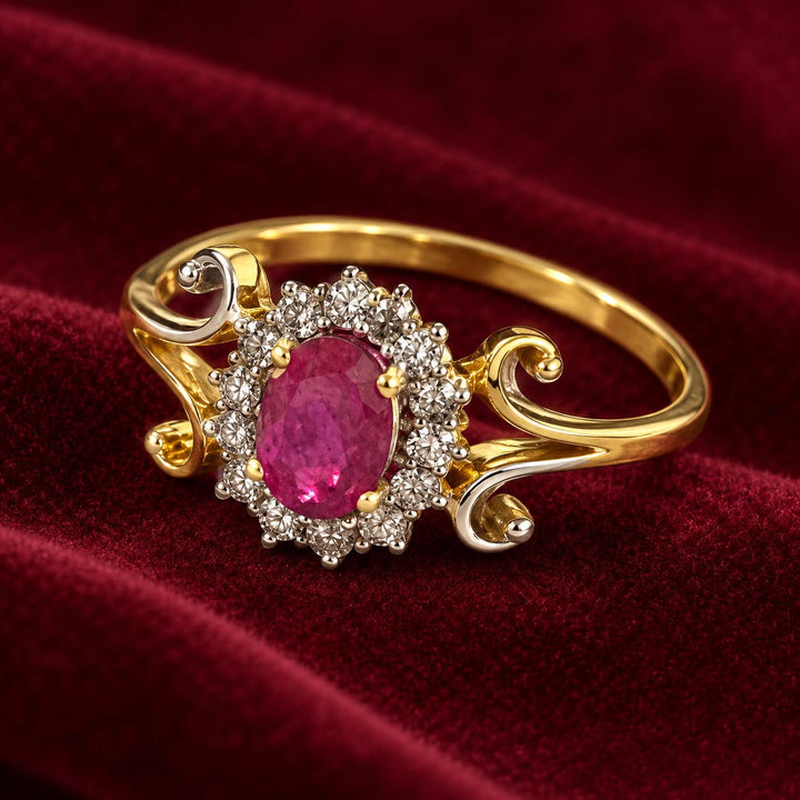 18K Gold Oval Ruby Diamond Halo Scrollwork Ring