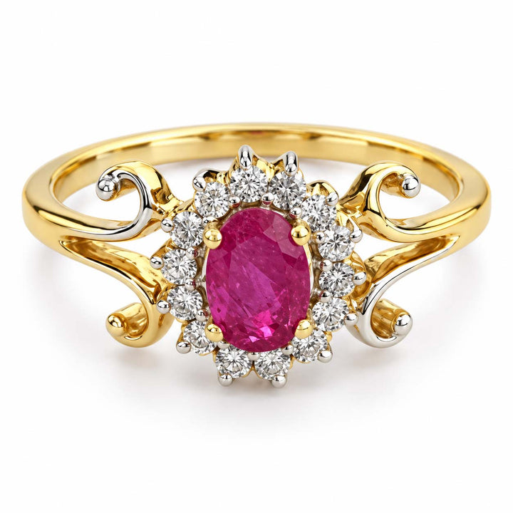 18K Gold Oval Ruby Diamond Halo Scrollwork Ring