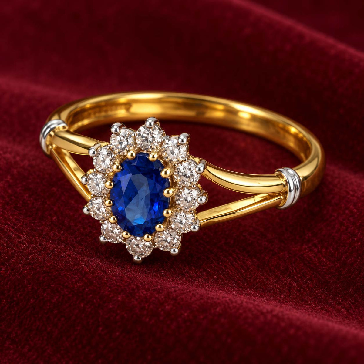 18K Gold Oval Blue Sapphire Diamond Halo Ring