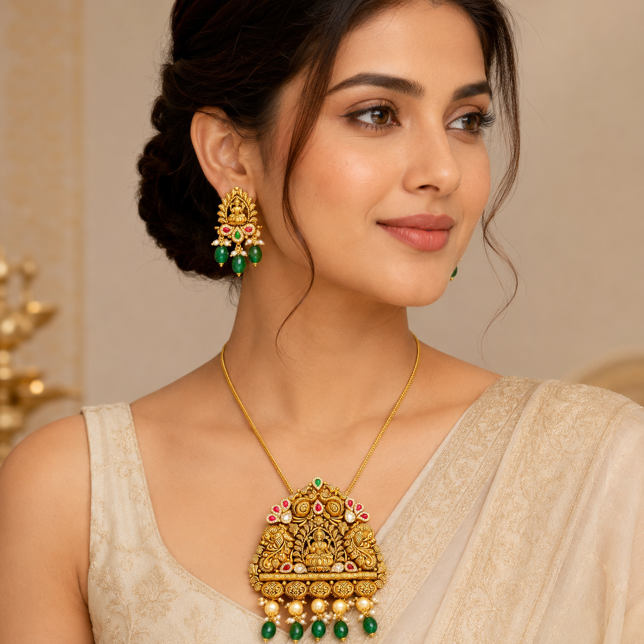 22Kt Antique Gold Lakshmi Temple Pendant Set with Emerald Beads & Pearl Drops | Savya Jewels
