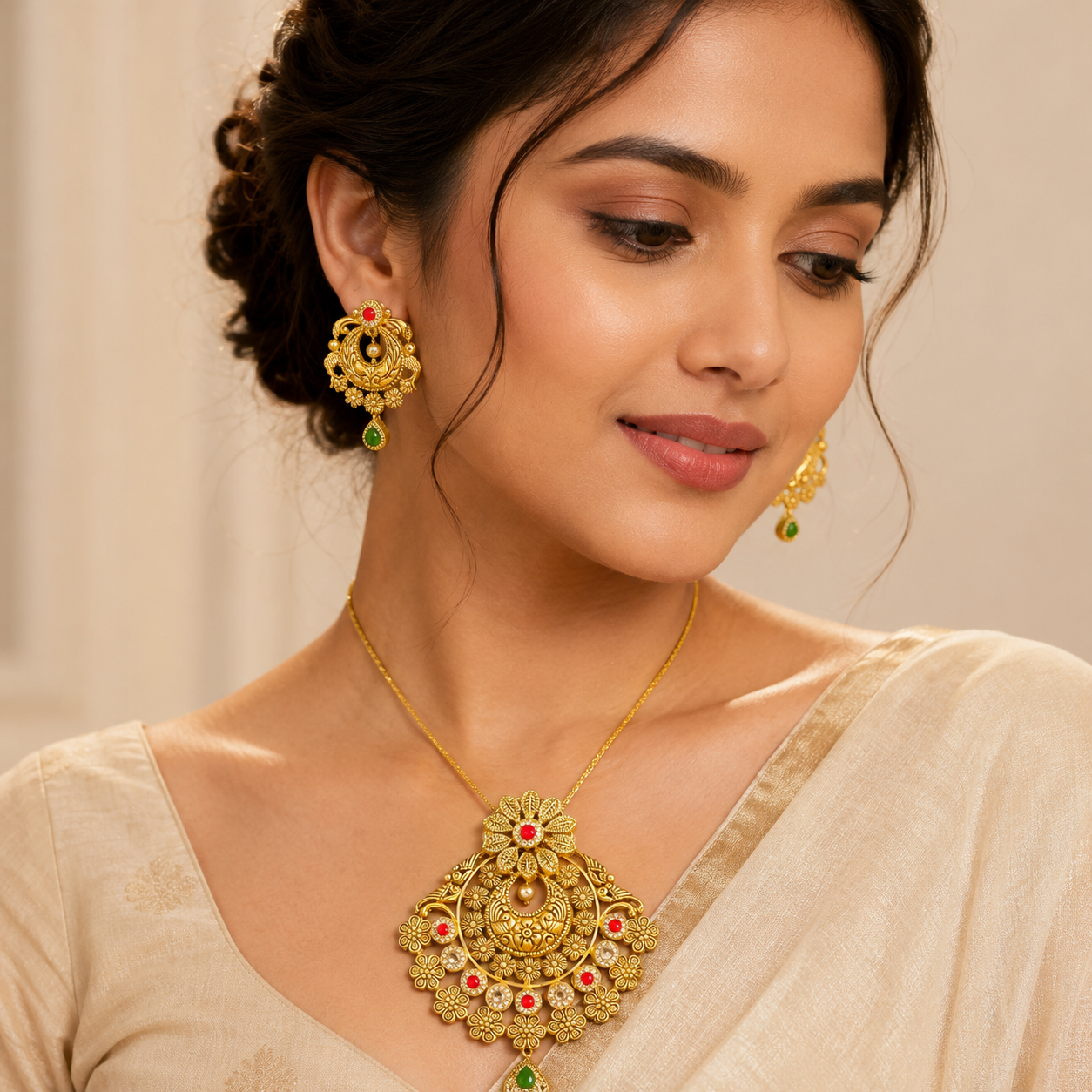 22Kt Antique Gold Chandbali Floral Pendant Set with Green Peridot Drop | Savya Jewels
