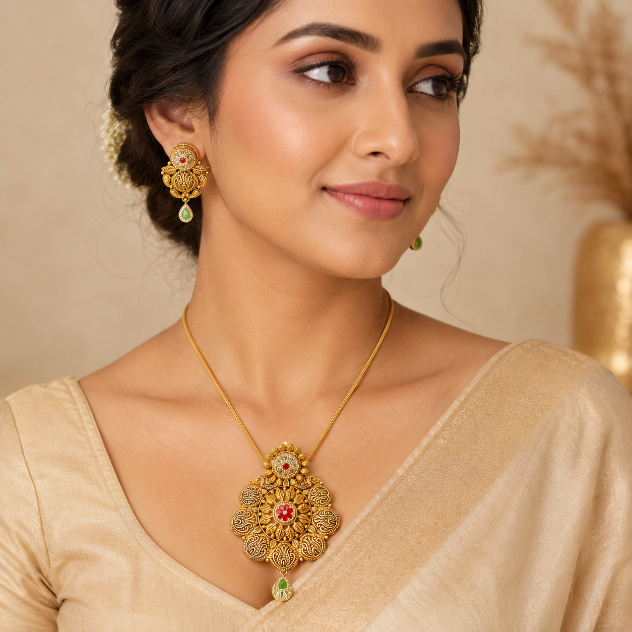 22Kt Antique Gold Paisley Motif Pendant Set with Green Peridot Drop | Savya Jewels