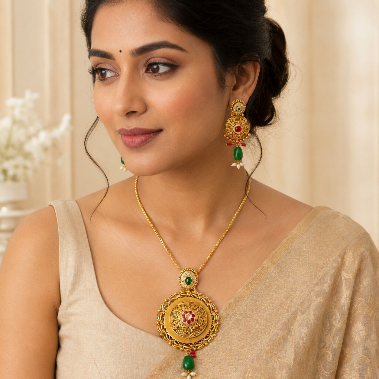 22Kt Antique Gold Circular Disc Pendant Set with Emerald & Pearl Drops | Savya Jewels