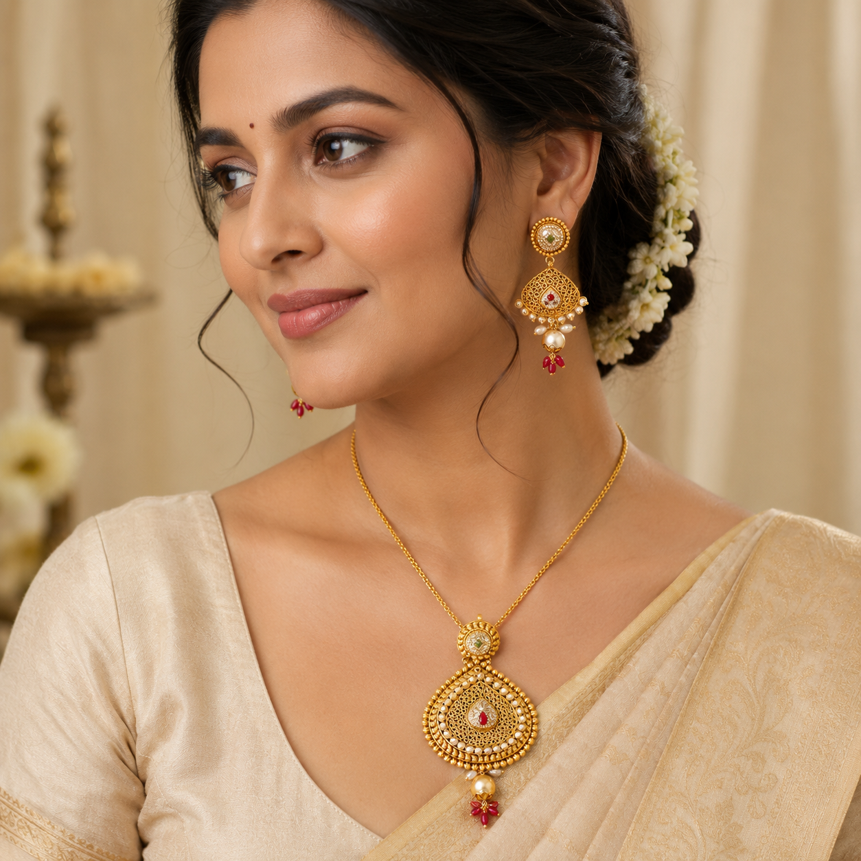 22Kt Antique Gold Filigree Pendant Set with Pearl & Ruby Drops | Savya Jewels