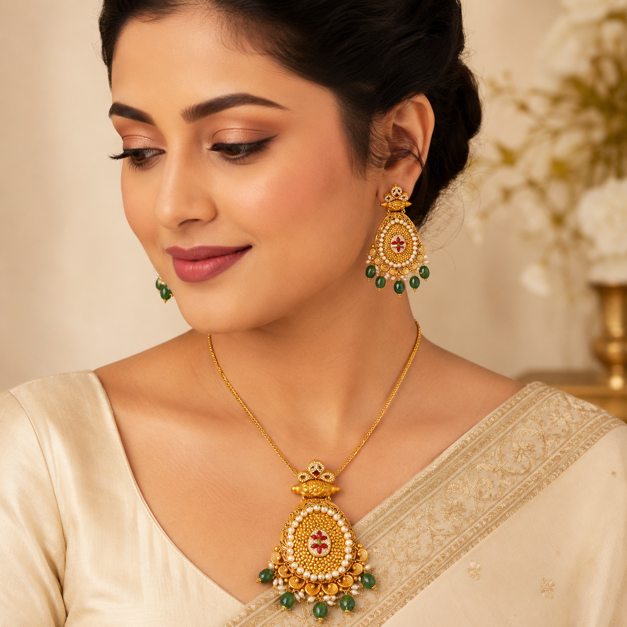 22Kt Antique Gold Granule Work Pendant Set with Emerald Beads & Pearl Drops | Savya Jewels