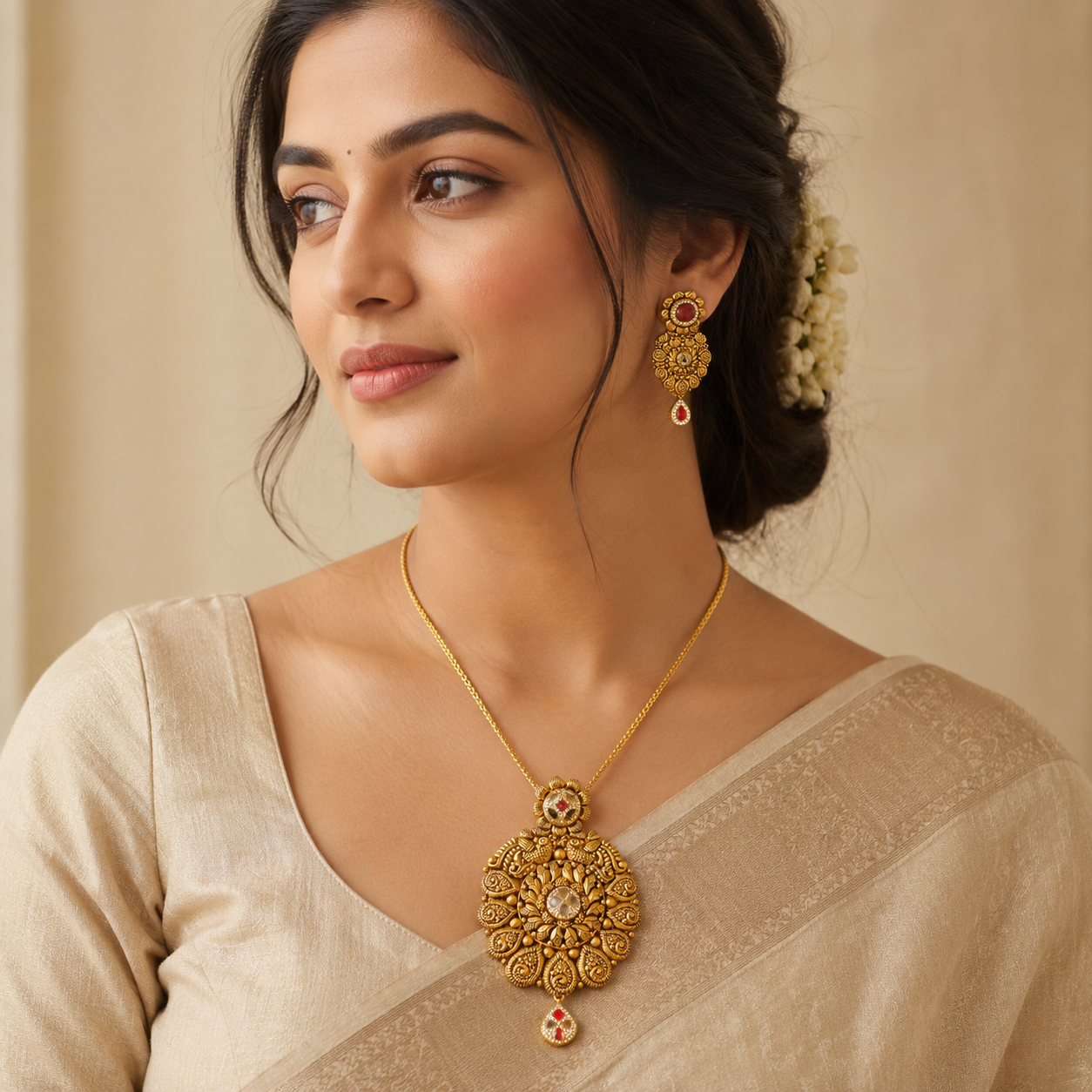 22Kt Antique Gold Peacock Floral Pendant Set with Red Ruby & Kundan | Savya Jewels